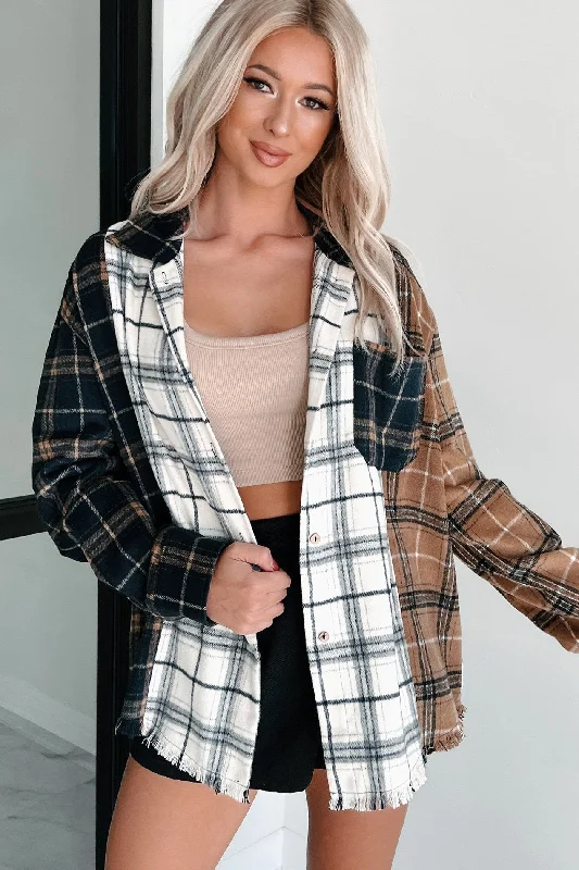 women's tops for casual FridaysBonfire Social Mixed Plaid Shacket (Multi/Navy)