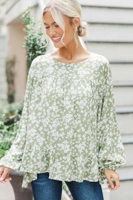 women's tops for those who want to wear pieces that are both functional and fashionableFeeling Blessed Olive Green Ditsy Floral Tunic