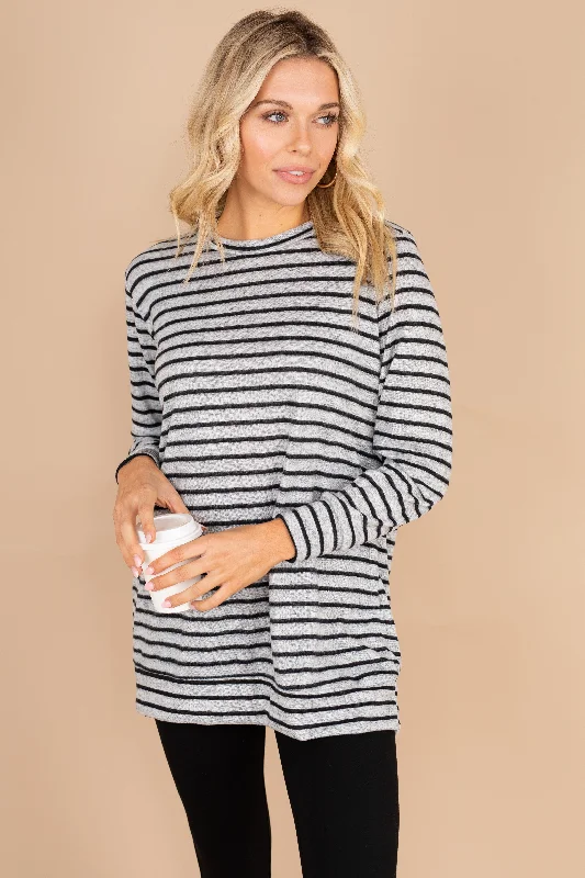 women's tops for business casual attireReason For Happiness Black Striped Tunic