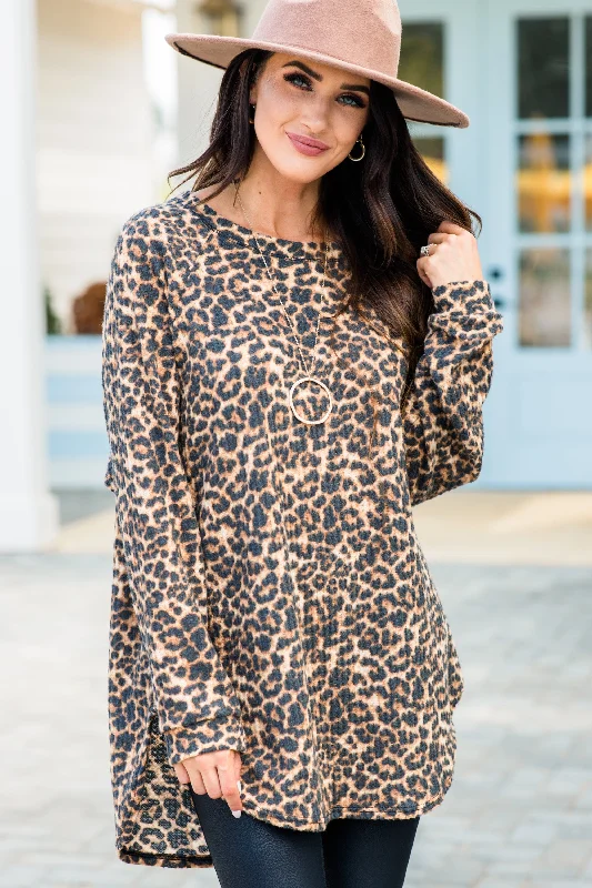 women's tops for those who believe in expressing their individuality through fashionEasy Like Sunday Brown Leopard Print Tunic