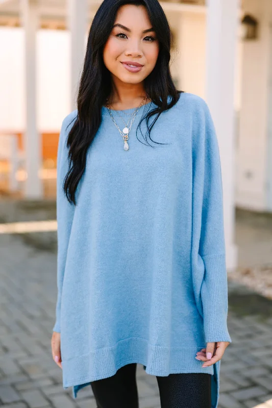 women's tops for those who want to add a personal touch to their wardrobe with unique and one-of-a-kind piecesAlways Fun Light Blue Brushed Knit Tunic