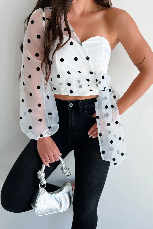 women's tops for those who want to add a touch of elegance and sophistication to their everyday wearLeft My Heart In Paris Asymmetric Polka Dot Top (Off White)