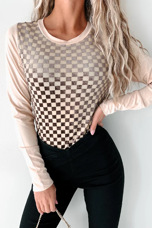 women's tops with sequin embellishmentsChess Moves Velvet Checkered Bodysuit (Taupe)