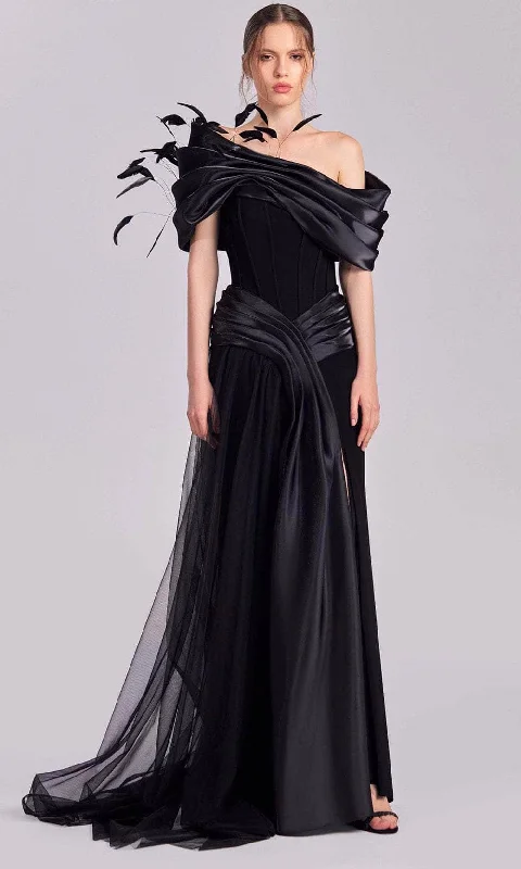 Asymmetric DressMNM Couture G1806 - Feathered Accent Corset Evening Gown