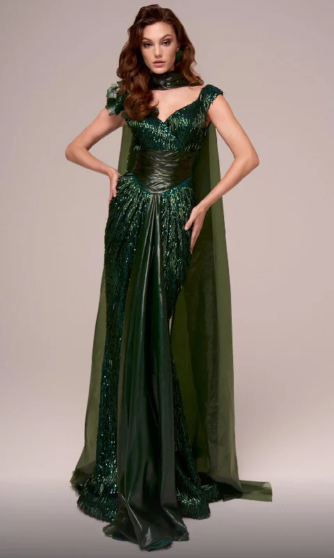 women's vintage dressesMNM Couture F02889 - V-Neck Evening Gown with Cape