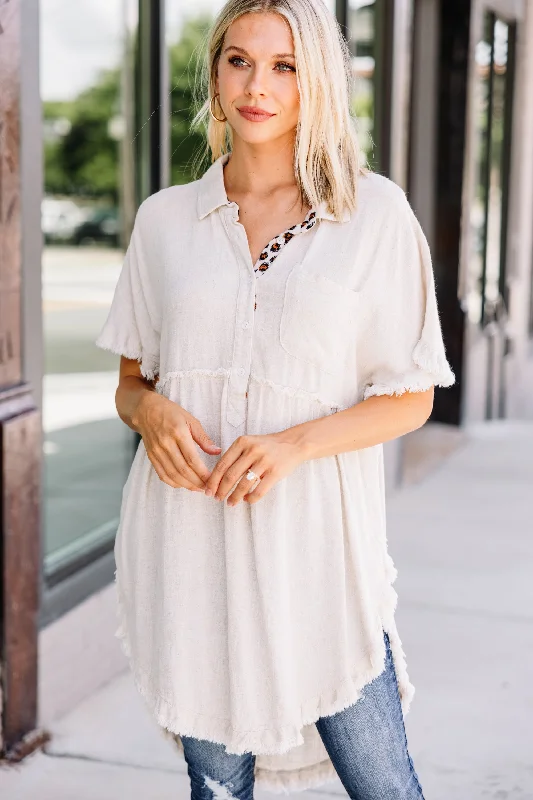 women's tops for those who love to experiment with fashionLet You Go Oatmeal White Linen Tunic