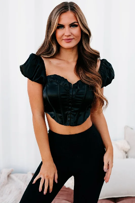 women's tops for those who love to shop for unique findsI Don't Need Luck Cap Sleeved Satin Crop Top (Black)