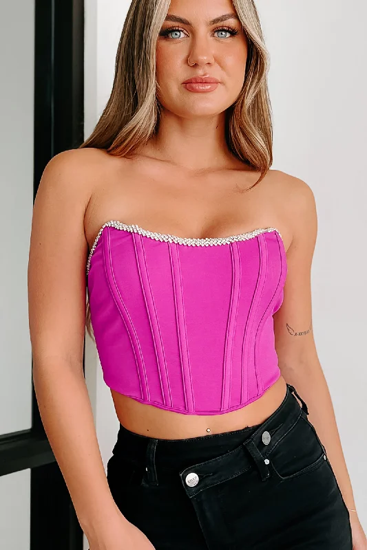 women's tops for those who want to stay on top of the latest fashion trends and wear pieces that are both stylish and on-trendLuxurious Living Rhinestone Trim Corset Top (Magenta)