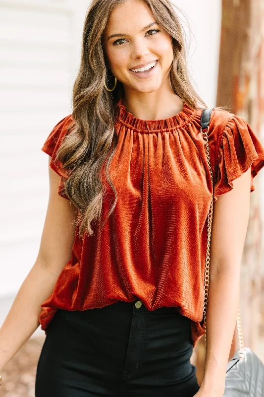 women's tops for those who want to create outfits that reflect their personal style and sense of fashionLooking That Way Brick Orange Velvet Blouse