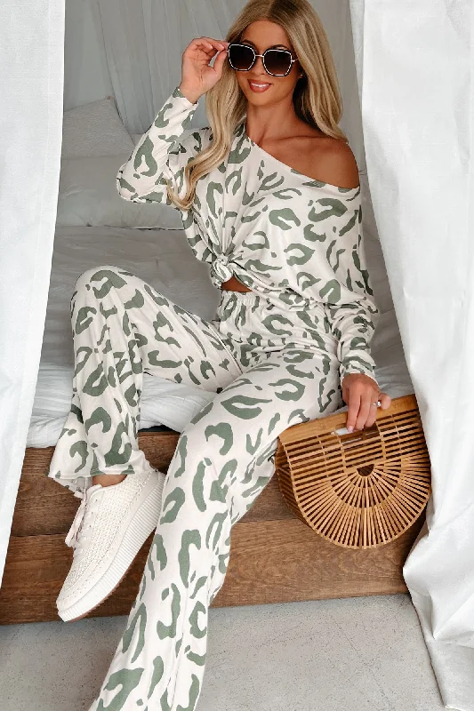 women's tops for those who want to make a fashion statementFeline Satisfaction Animal Print Loungewear Set (Sage/Ivory)