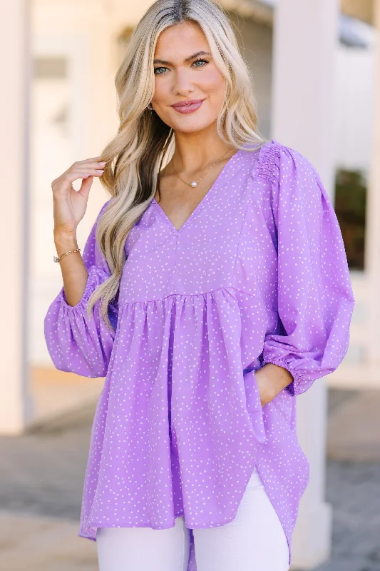 women's tops for fashion-forward individualsFeeling Wild Purple Polka Dot Tunic