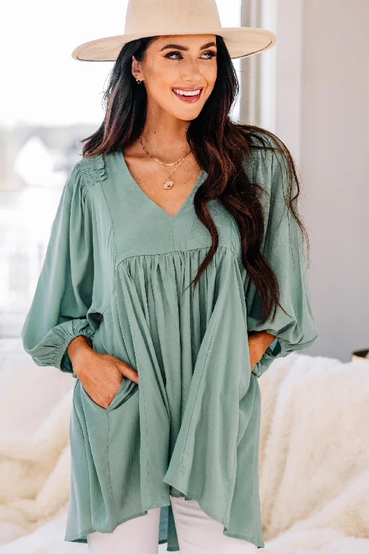 women's tops with sleeveless designsGive You A Ring Sage Green Babydoll Tunic