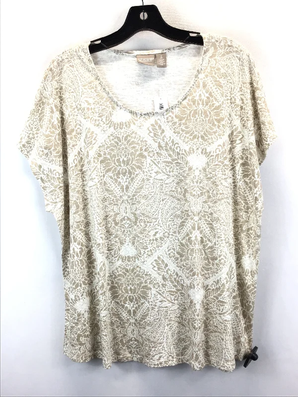 women's tops for those who love to dress up their casual looks with stylish topsTan & White Top Short Sleeve Basic Chicos, Size 3