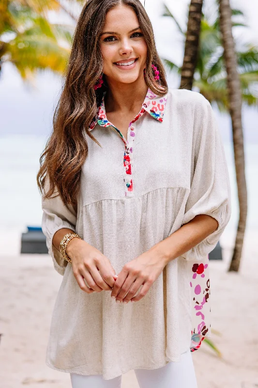 women's tops with unique designsThink It Over Oatmeal White Floral Tunic