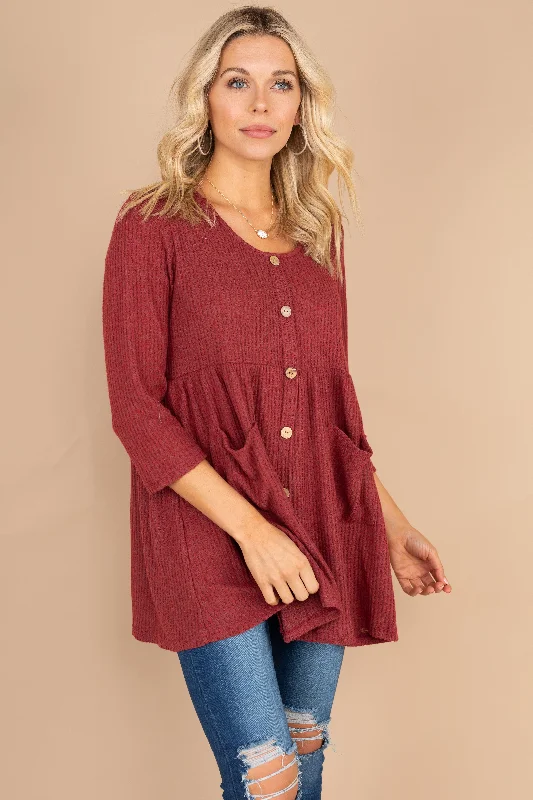 women's tops for beach outingsOn The List Ruby Red Waffle Tunic