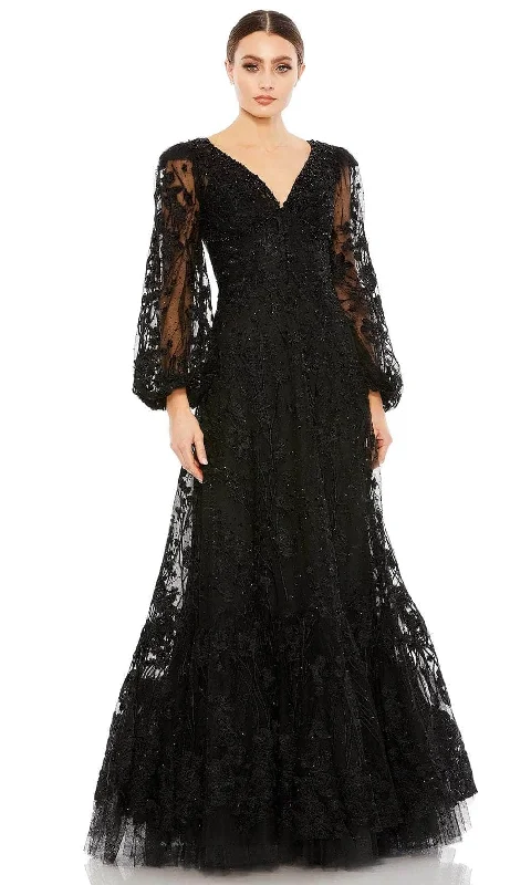 women's apple-shaped body dressesMac Duggal 20430 - Puff Sleeve Beaded Lace Evening Gown