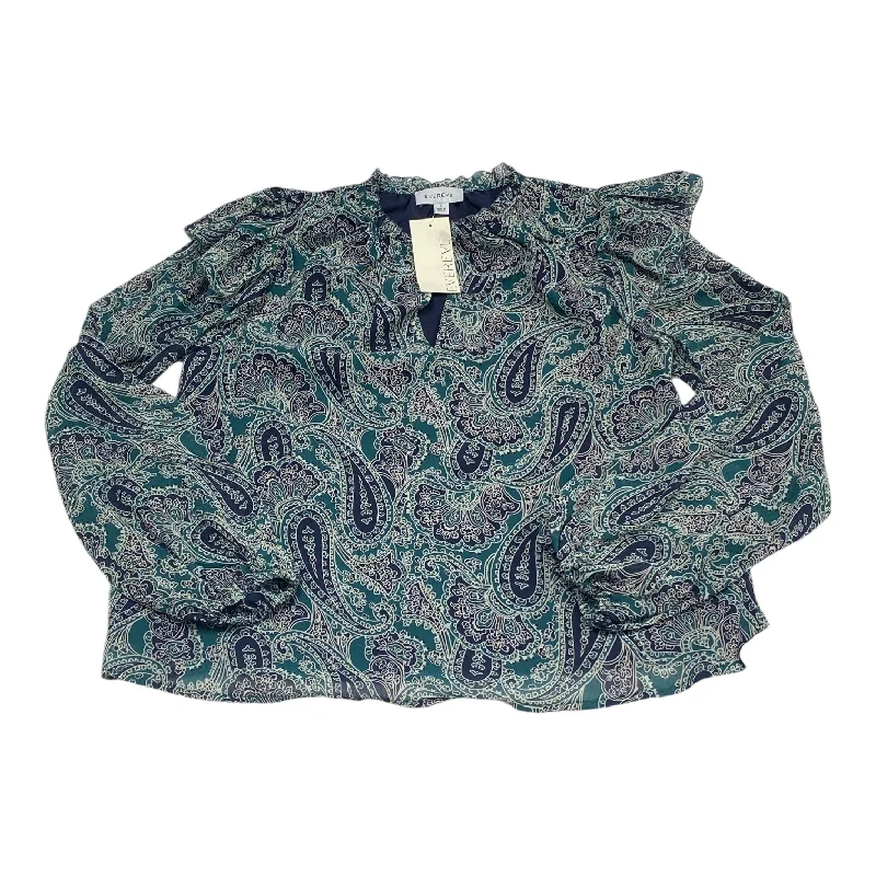 women's tops with ruffled hemsTop Long Sleeve By Evereve In Blue & Green, Size: S