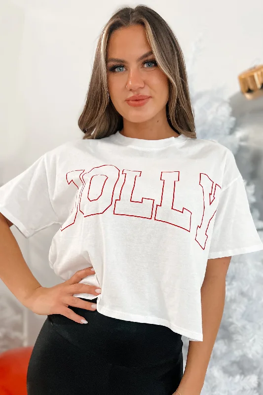 women's tops for everyday eleganceWhole Lotta Joy Oversized "Jolly" Graphic Crop Tee (White)