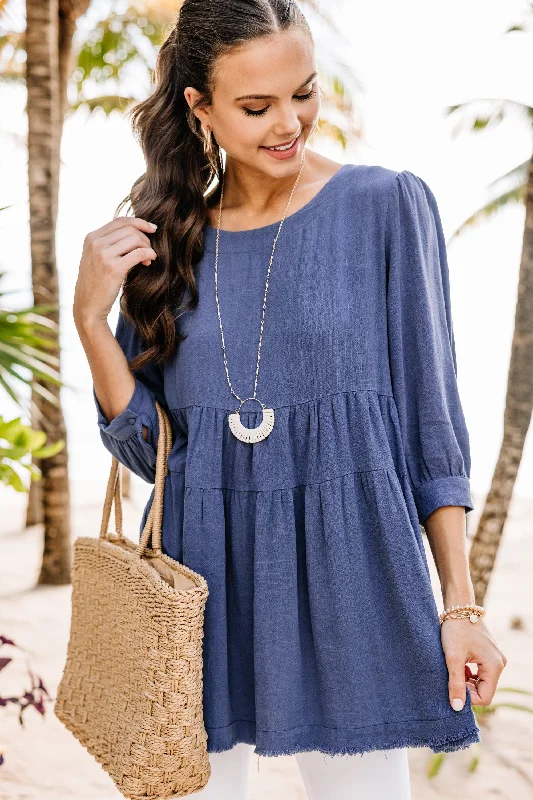 women's tops with lace-up frontsMake You Better Denim Blue Tiered Tunic