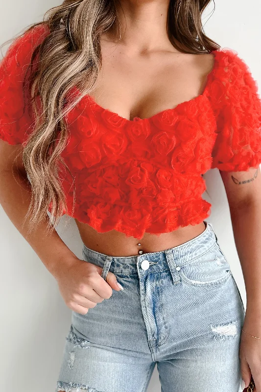 women's tops for minimalist aestheticsSymbol Of My Love Floral Mesh Crop Top (Red)