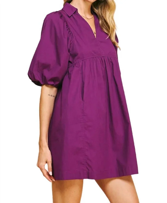 women's boho dressesEasy Essential Collared Mini Dress In Eggplant Purple