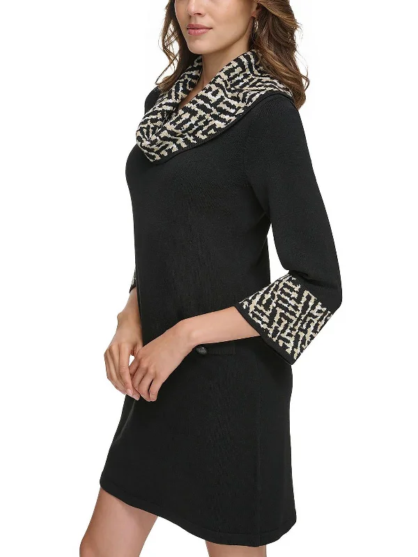 women's stretch dressesPetites Womens Cowl Neck Mini Sweaterdress