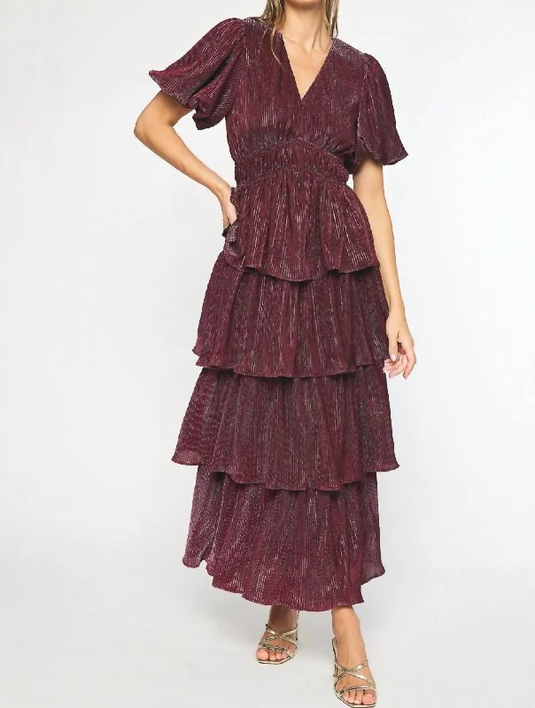 women's solid color dressesPuff Sleeve Maxi Dress In Metallic Sangria