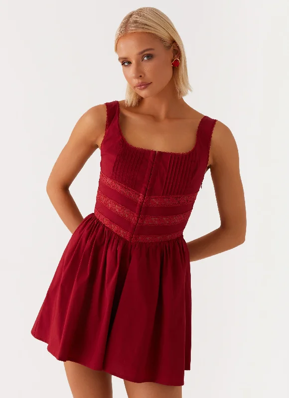 women's apple-shaped body dressesEleanor Lace Trim Mini Dress - Red