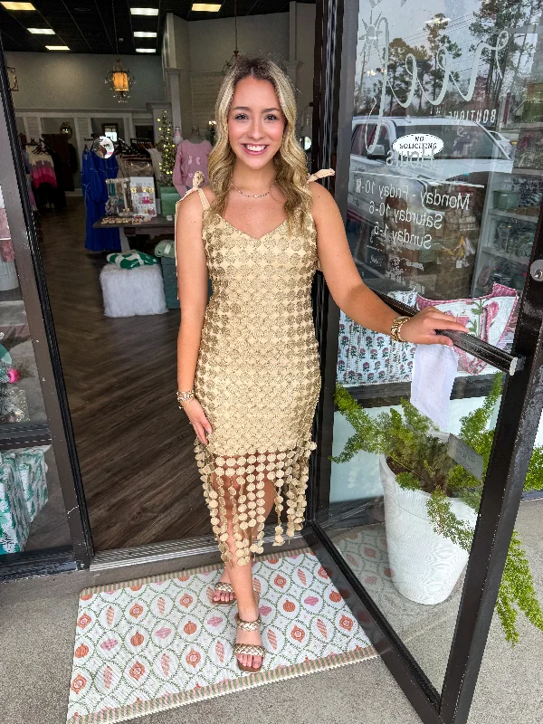 women's casual Friday dressesGold Polka Dot Midi Dress