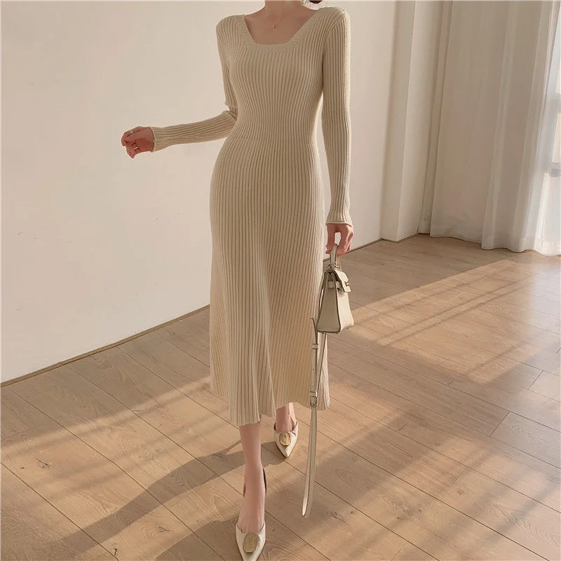 Chiffon DressJulia Fashion - Women's Kintted Square Collar Long Sleeve Midi Dresses