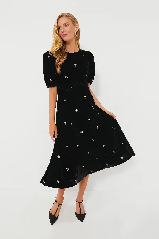 women's casual dressesBlack Rubina Embroidery Puff Sleeve Midi Dress