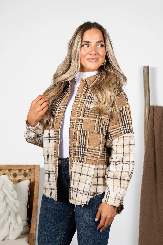 women's coats for layeringTan Mixed Plaid Oversized Shacket