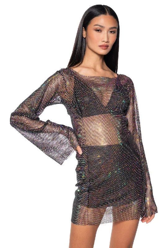 women's machine-washable dressesANAIS RHINESTONE MESH LONG SLEEVE MINI DRESS IN BLACK