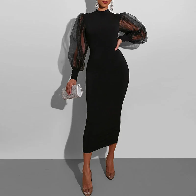 Asymmetric DressJulia Fashion - Mesh Puff Long Sleeve Bodycon Midi Dress