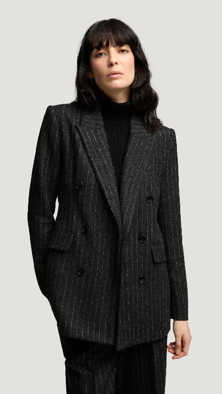 Belted Double-Breasted Blazer in Wool Blend | Grey Pinstripe