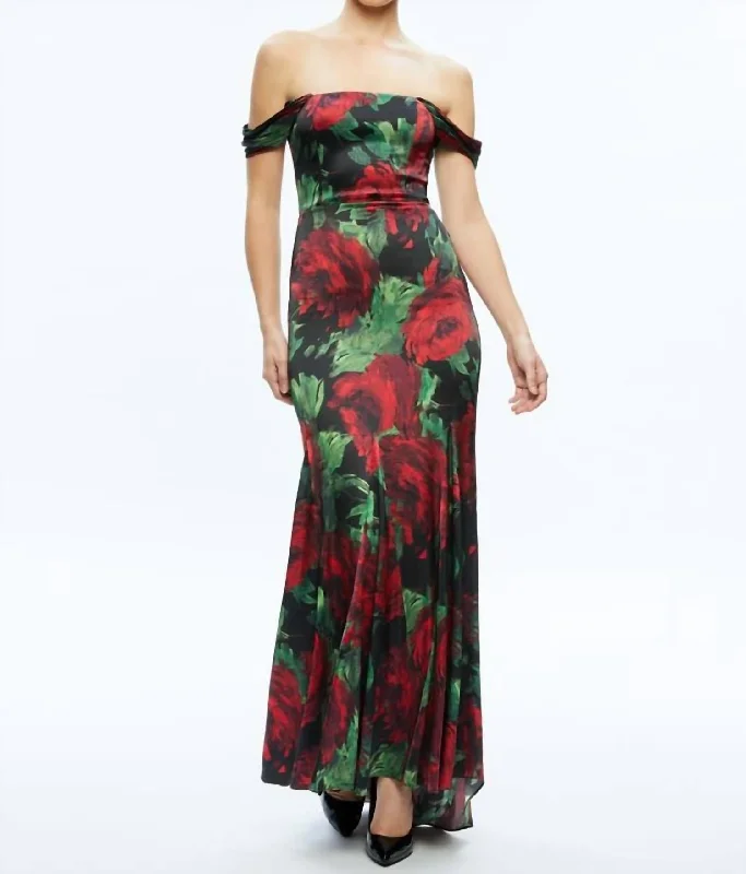 Skater DressAzra Off Shoulder Maxi Dress In Floral Bordeaux