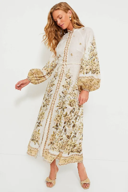 Tea-Length DressSage Toile Floral Golden Buttoned Midi Dress