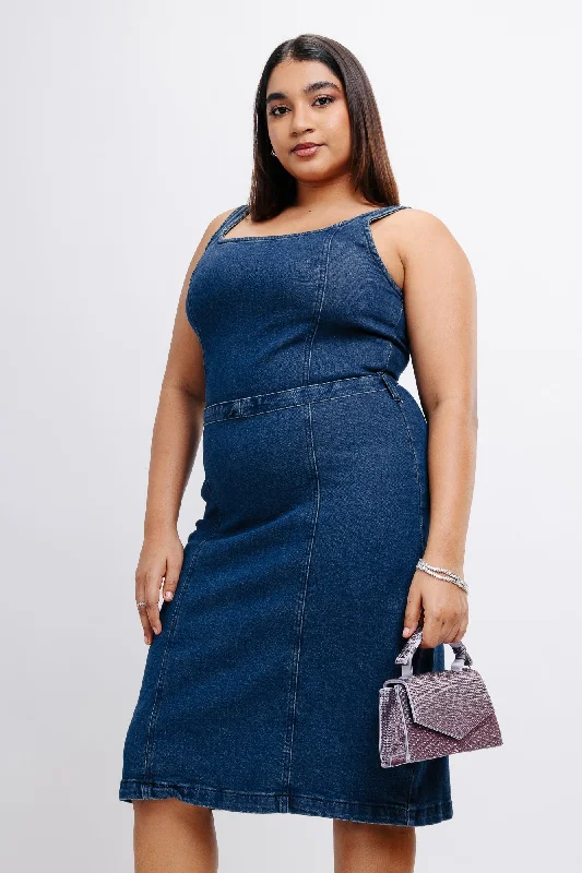 Peplum Hem DressIndigo Denim Vintage Midi Dress