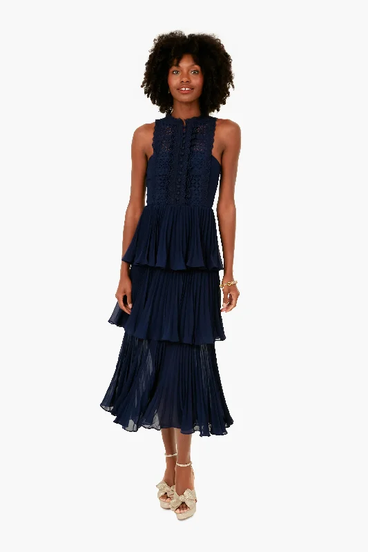 Custom DressNavy Cotton Broderie Tiered Midi Dress