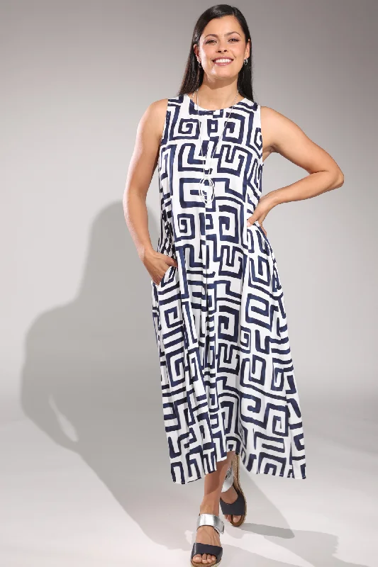 Plunging Neckline DressSleeveless Maxi Dress | Navy White Geo | 3345A1