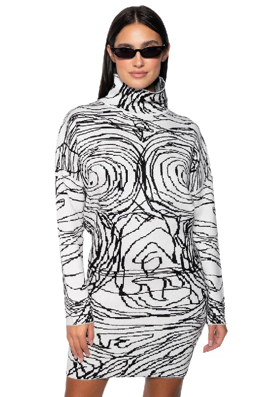 Peplum Hem DressBODY WORK ABSTRACT LONG SLEEVE KNIT MINI DRESS