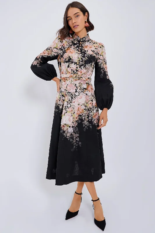 Minimalist DressBlack Rococo Floral Illustration Buttoned Midi Dress