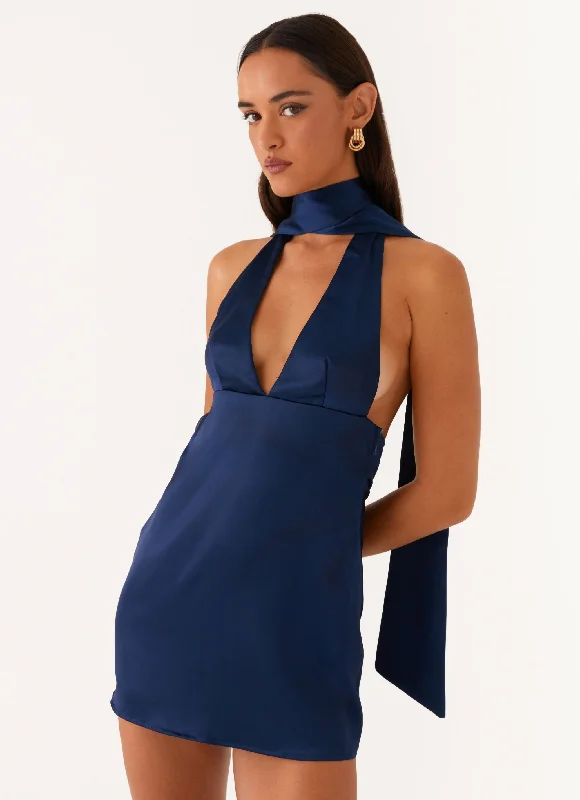 women's made-to-order dressesAlicia Satin Halter Mini Dress - Navy