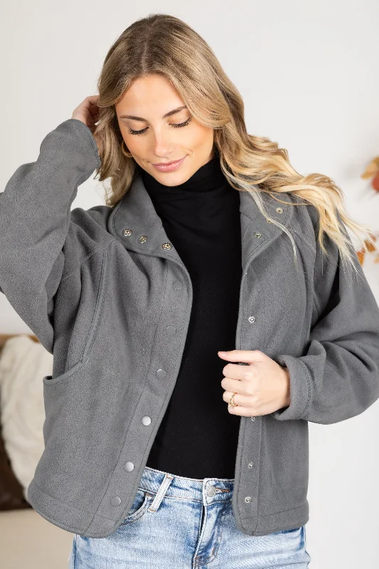 women's trench coatsGrey Fleece Button Down Jacket with Pockets