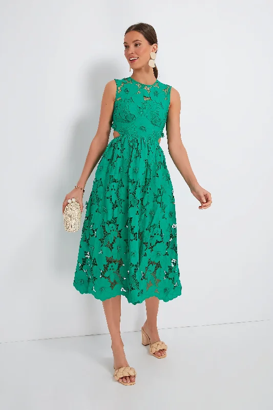 women's wrinkle-resistant dressesGreen 3D Cotton Lace Midi Dress