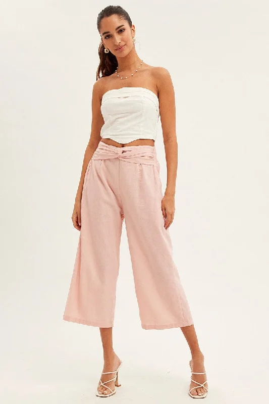 Pink Twist Front Textured Cotton Pant