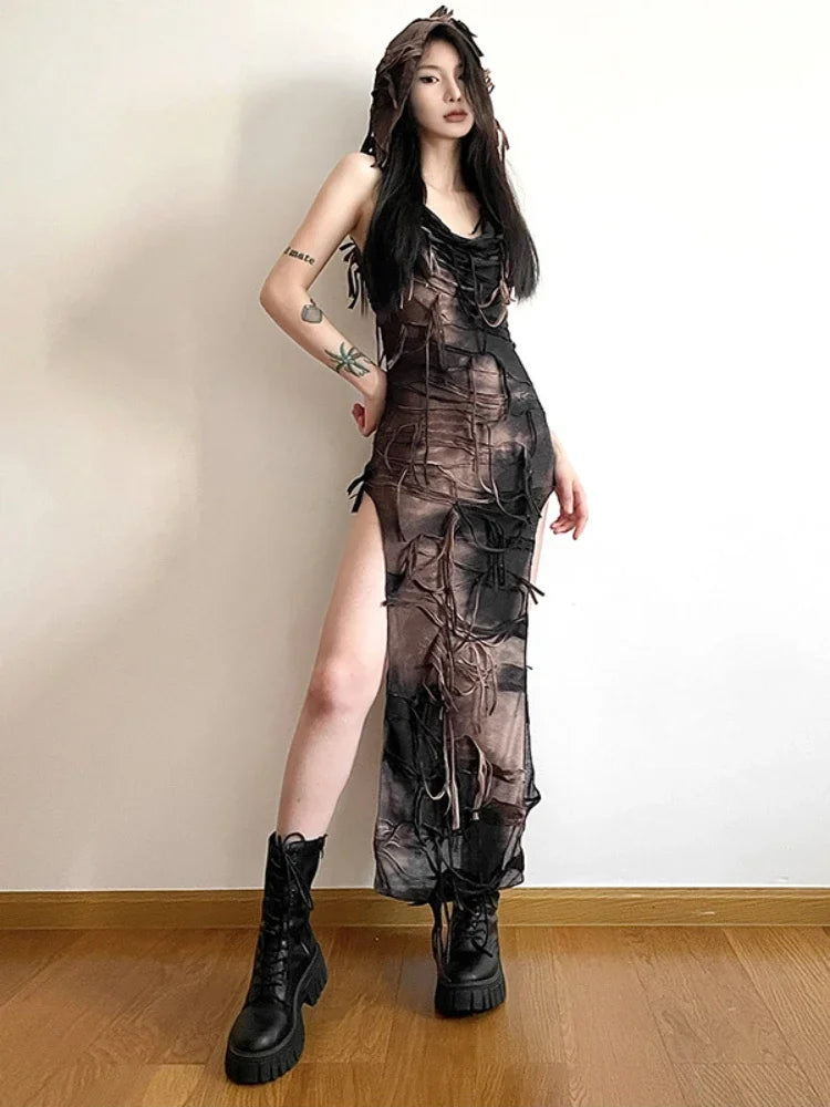 Cheetah Print DressTassel Midi Y2K Dye Dress Gothic Tie Grunge Hooded High Fairy Vintage Split Sexy Sleeveless Dress