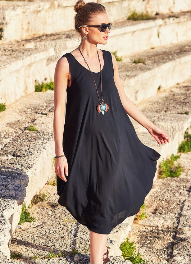 Empire DressBohemian Boat Neck Bolt Cut Gypsy Midi Black Dress