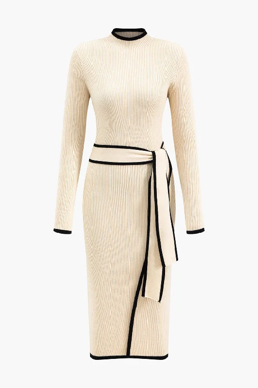 Pearl DressContrast Knit Tie-Up Long Sleeve Dress