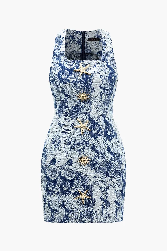 Evening DressFloral Pattern Button Denim Dress